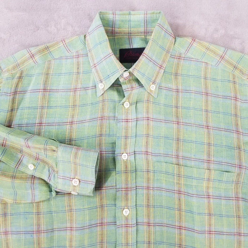 Brioni Shirt Men 40 15 3/4 Green Plaid 100% Linen Long Sleeve Made‎ in Italy